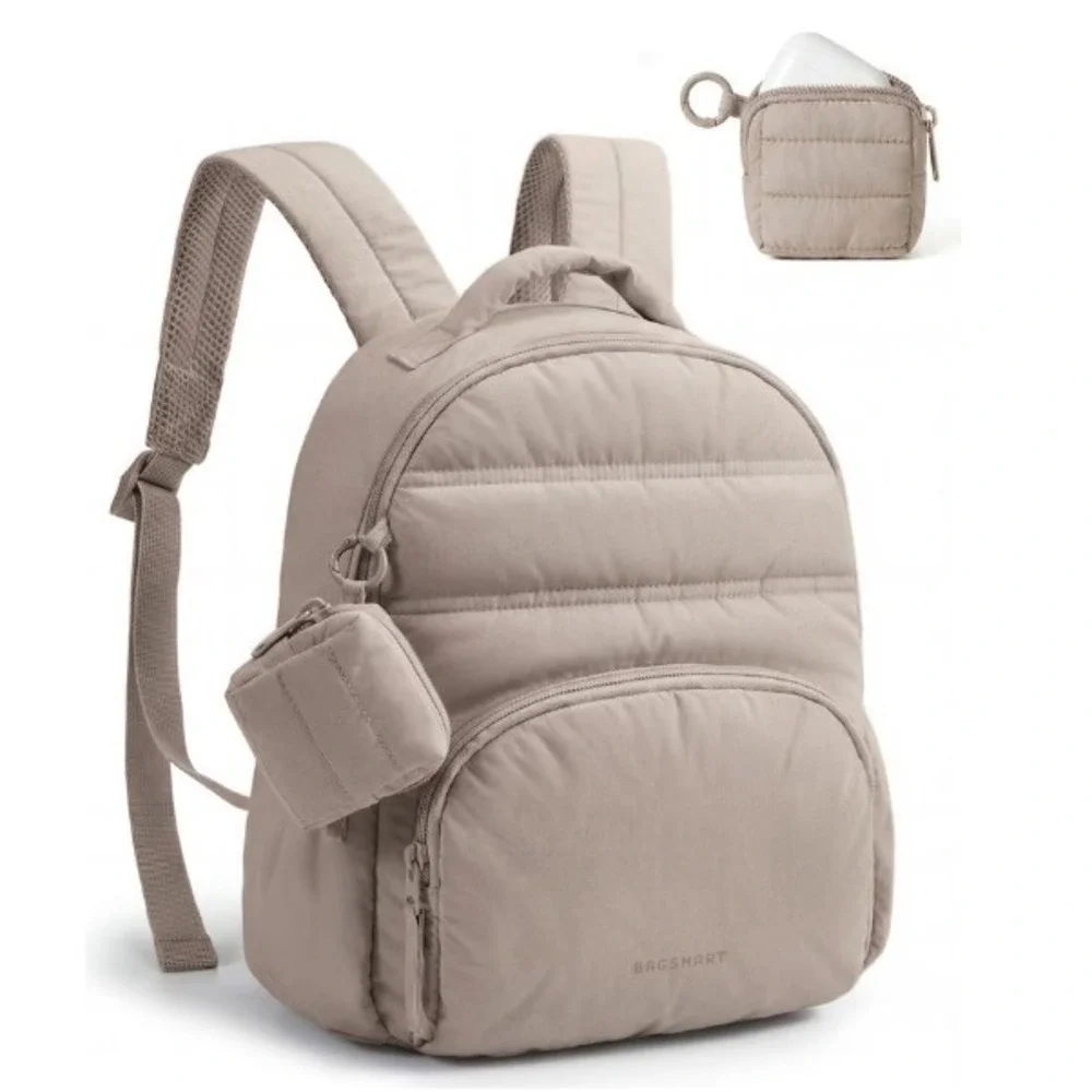 BAGSMART Puffer Mini Backpack Women Small Latte Brown Quilted 2-in-1 Set